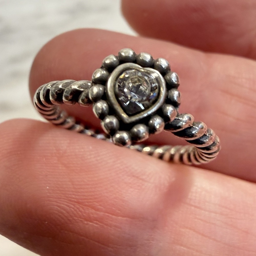 Brighton HEART Ring Size 6 Clear Crystal Twisted Rope Stacker Silver Plated